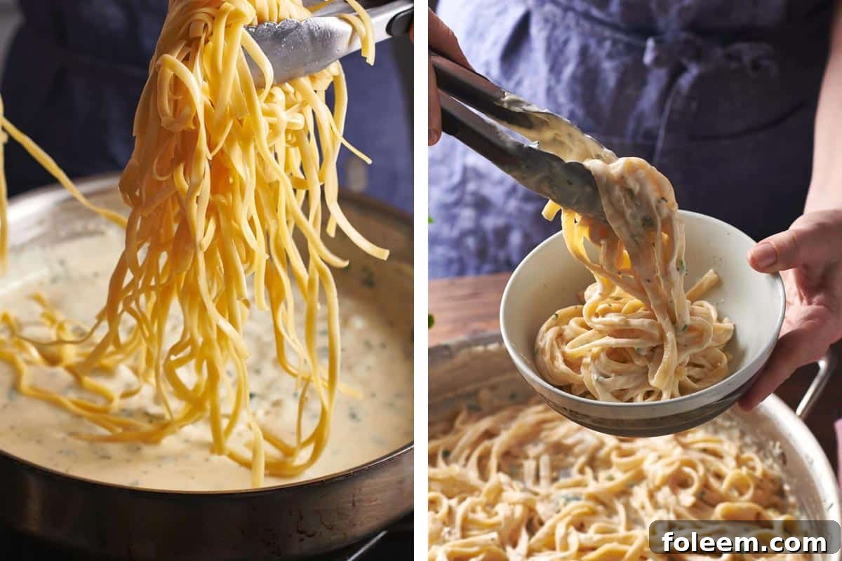 Adding fettuccini to alfredo sauce and serving.