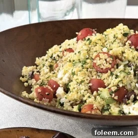 Greek Tabbouleh Salad in wooden bowl on table with water glasses