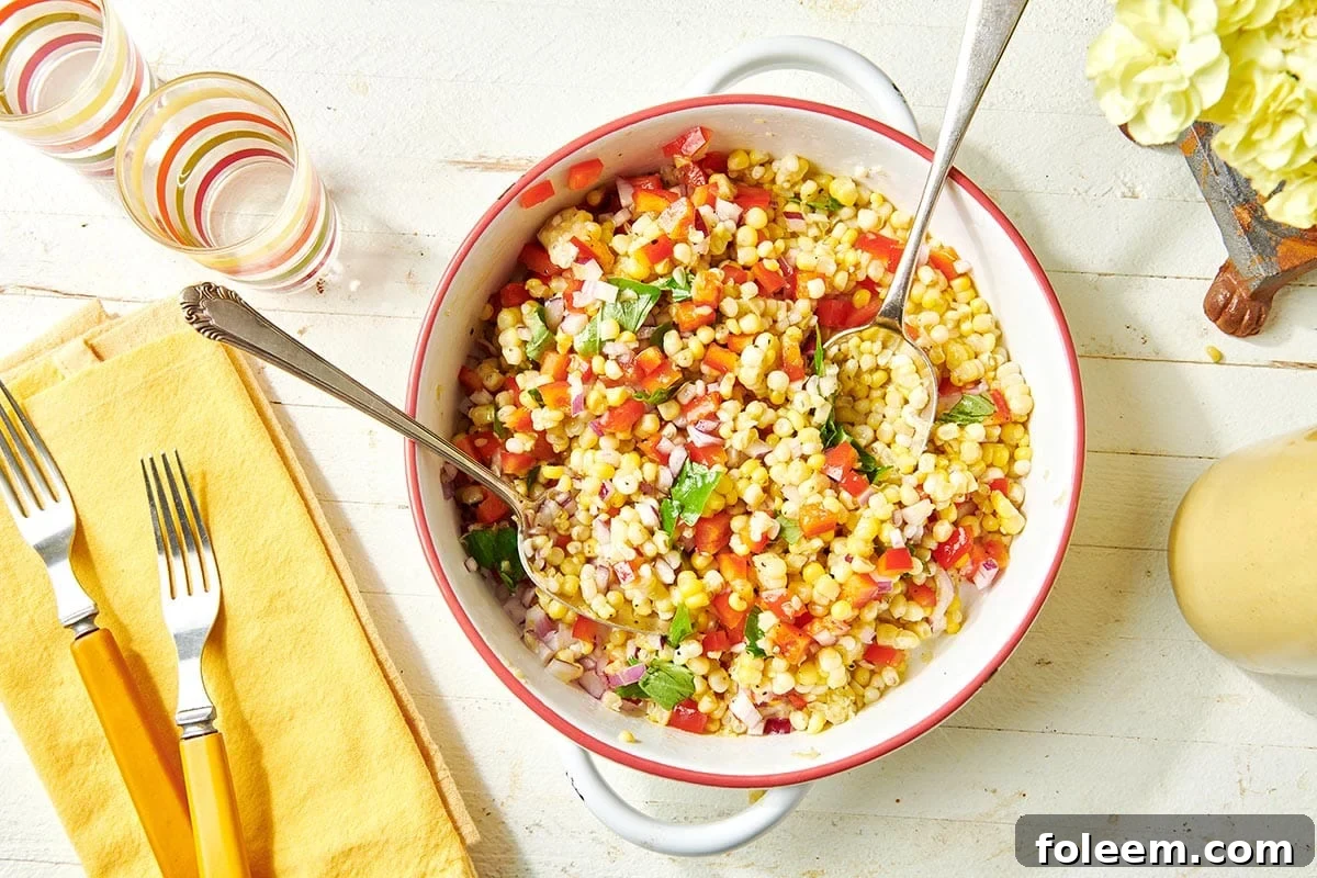 Grilled Corn Salad in white bowl on table.