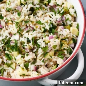 Chicken and Rice Salad in white pot.
