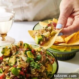 Shrimp Ceviche on tortilla chip.
