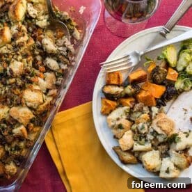 Bread Stuffing with Turkey Sausage on plate with turkey.