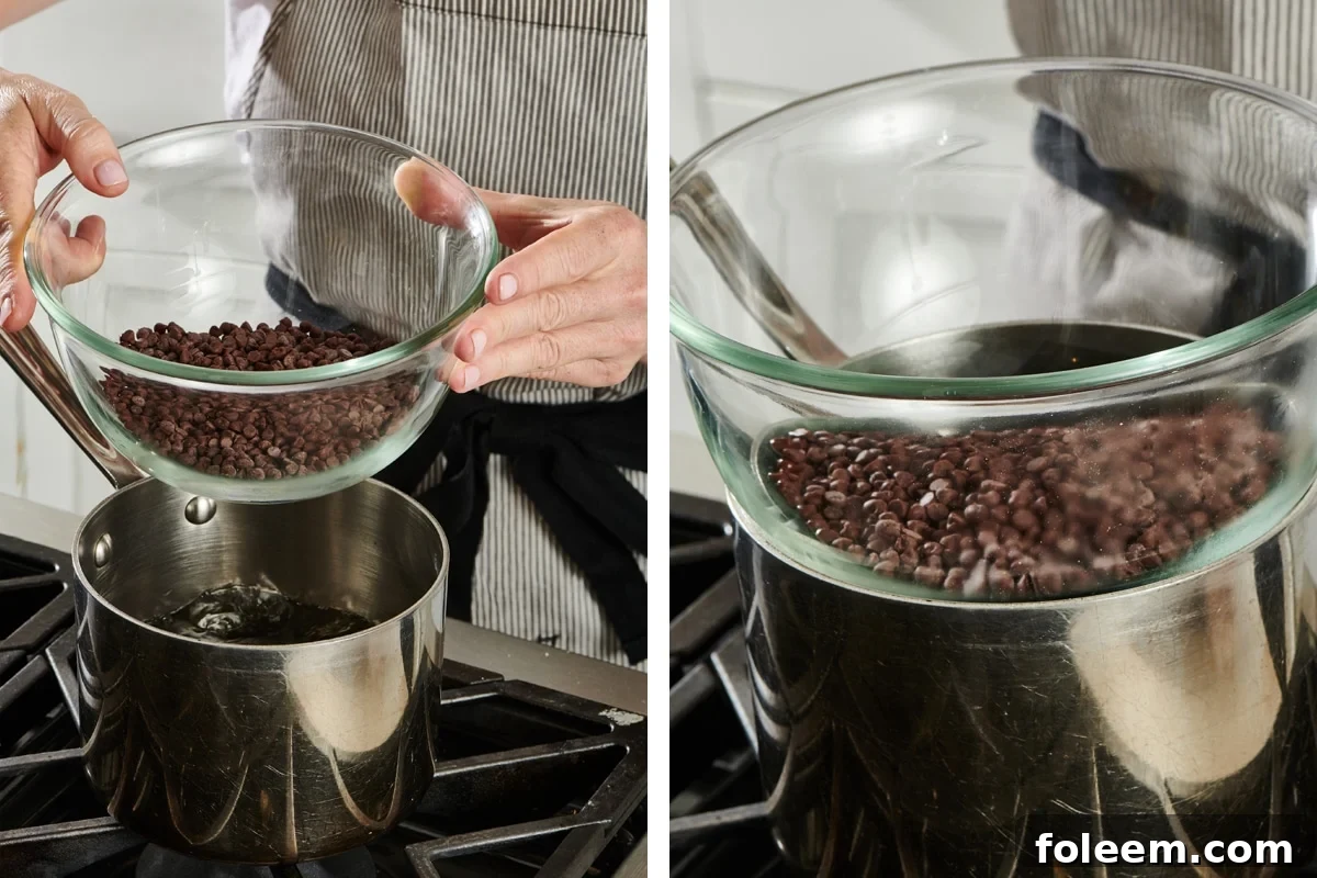 Building a double boiler to melt chocolate on the stove.
