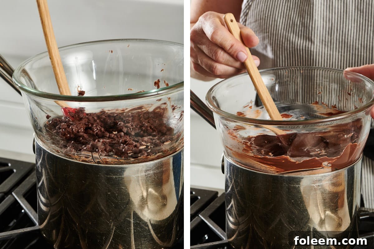 Melting chocolate in a double boiler on the stove.