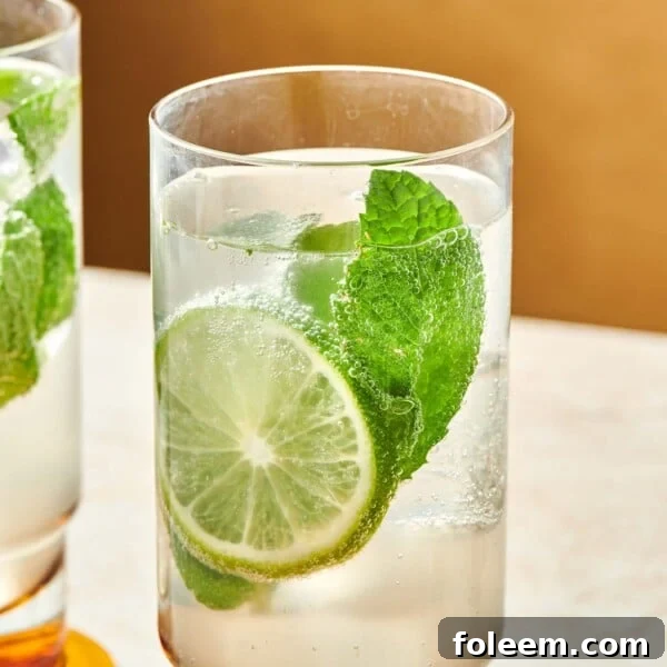 Mojito with lime and mint in a tall glass.