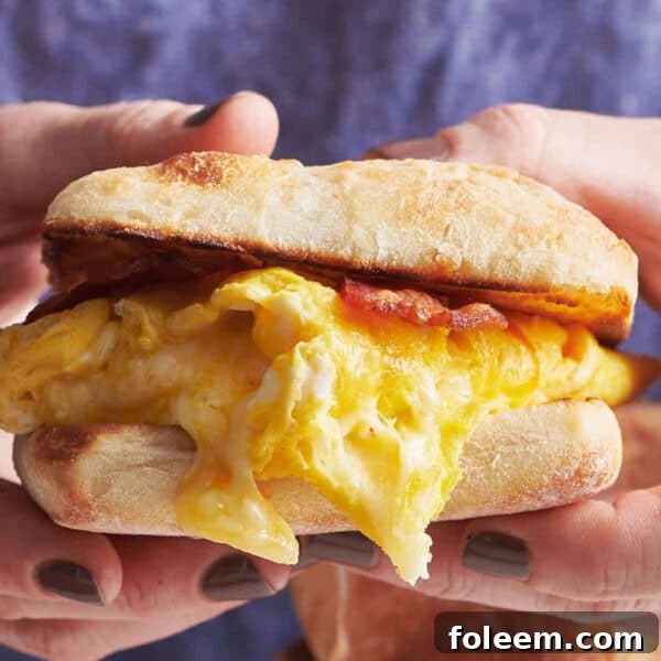 Katie Workman holding a homemade NYC-style Bacon, Egg and Cheese Sandwich.