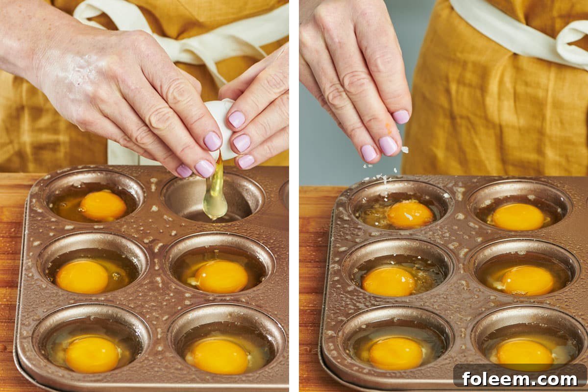 Cracking and seasoning raw eggs in muffin tins for baking.