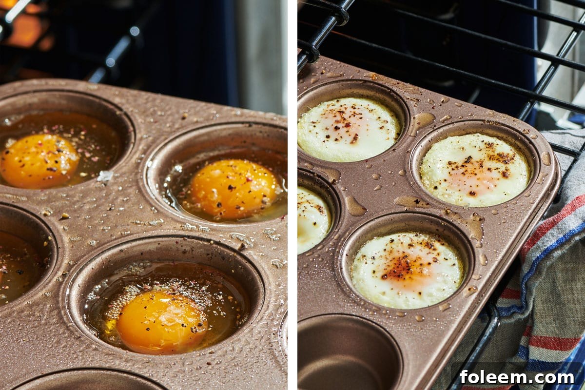 Raw and baked eggs in muffin tins in the oven.