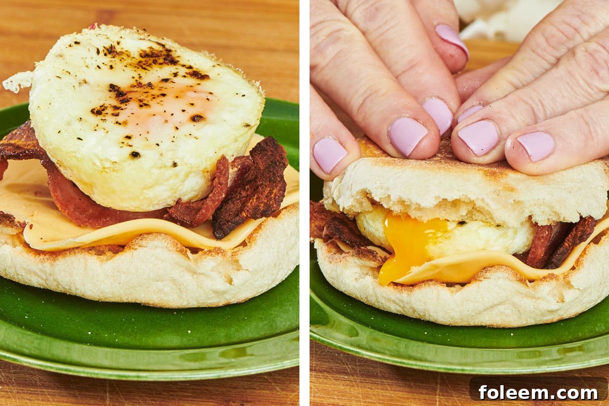 Topping breakfast sandwich with oven-baked egg and toasted English muffin.