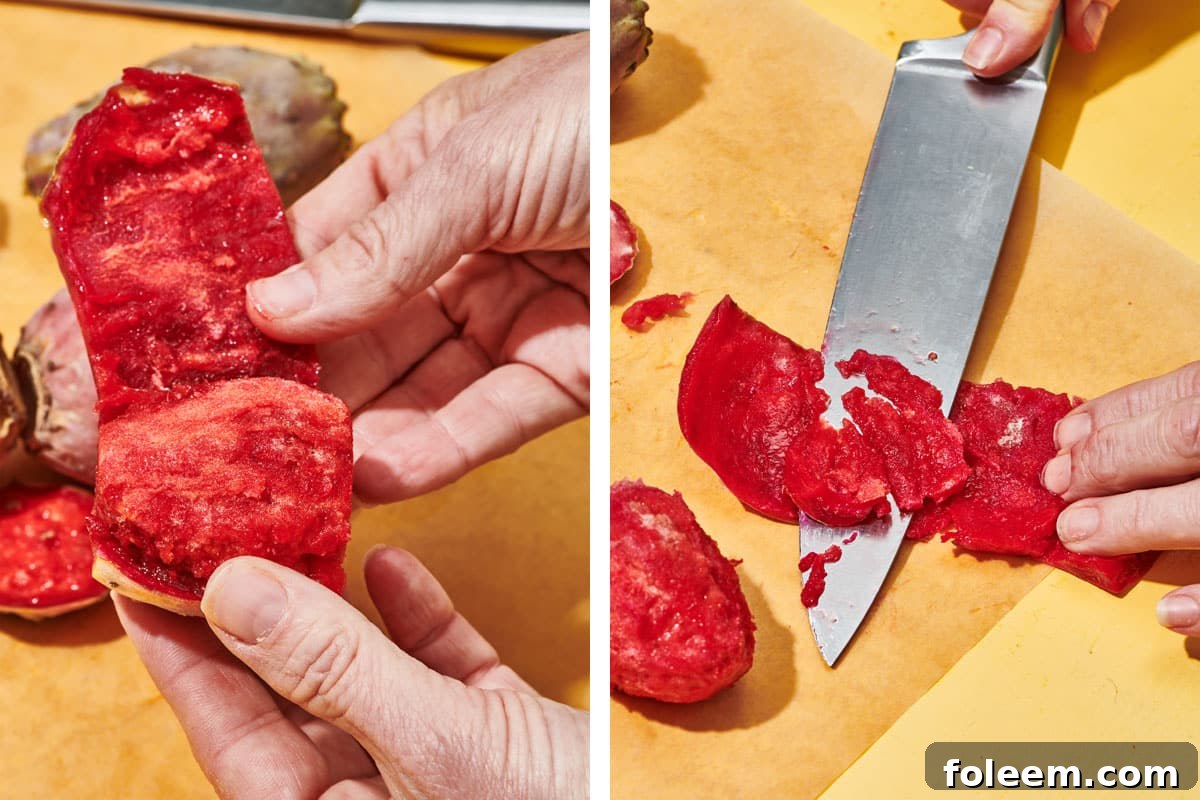 Peeling fresh prickly pear fruit.