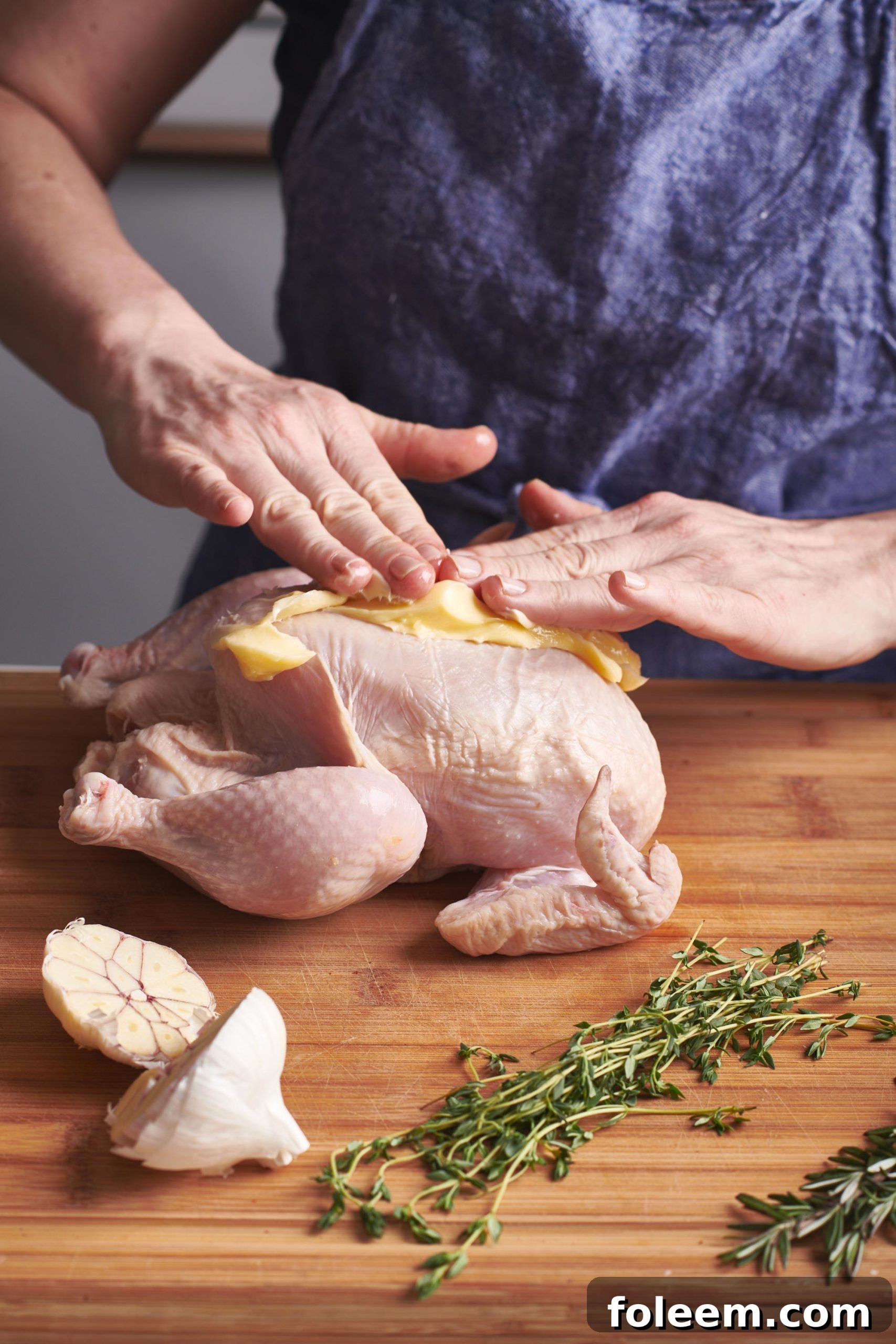 Woman rubbing herbs and garlic on whole chicken.