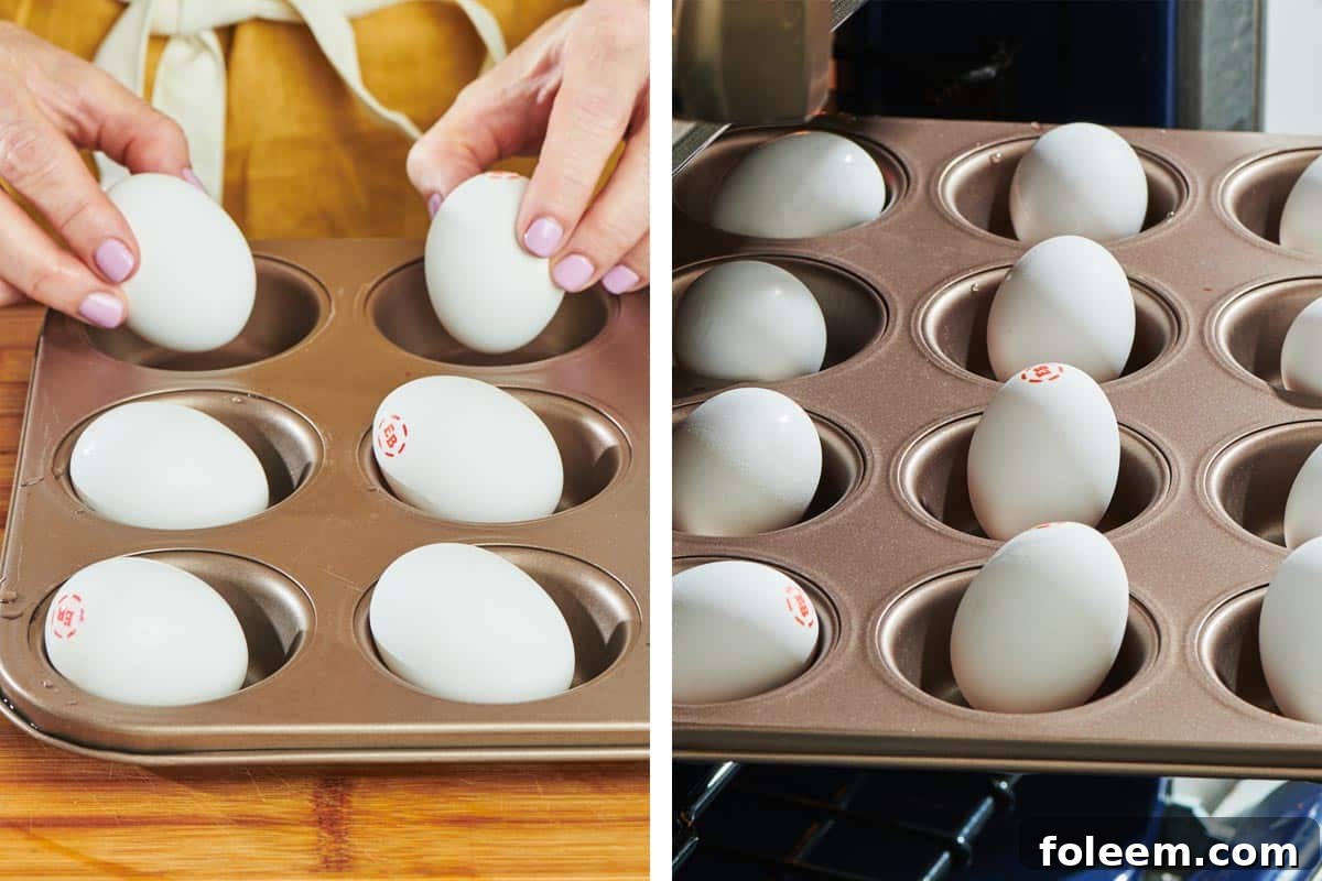 Placing uncracked raw eggs in muffin tin then the oven.