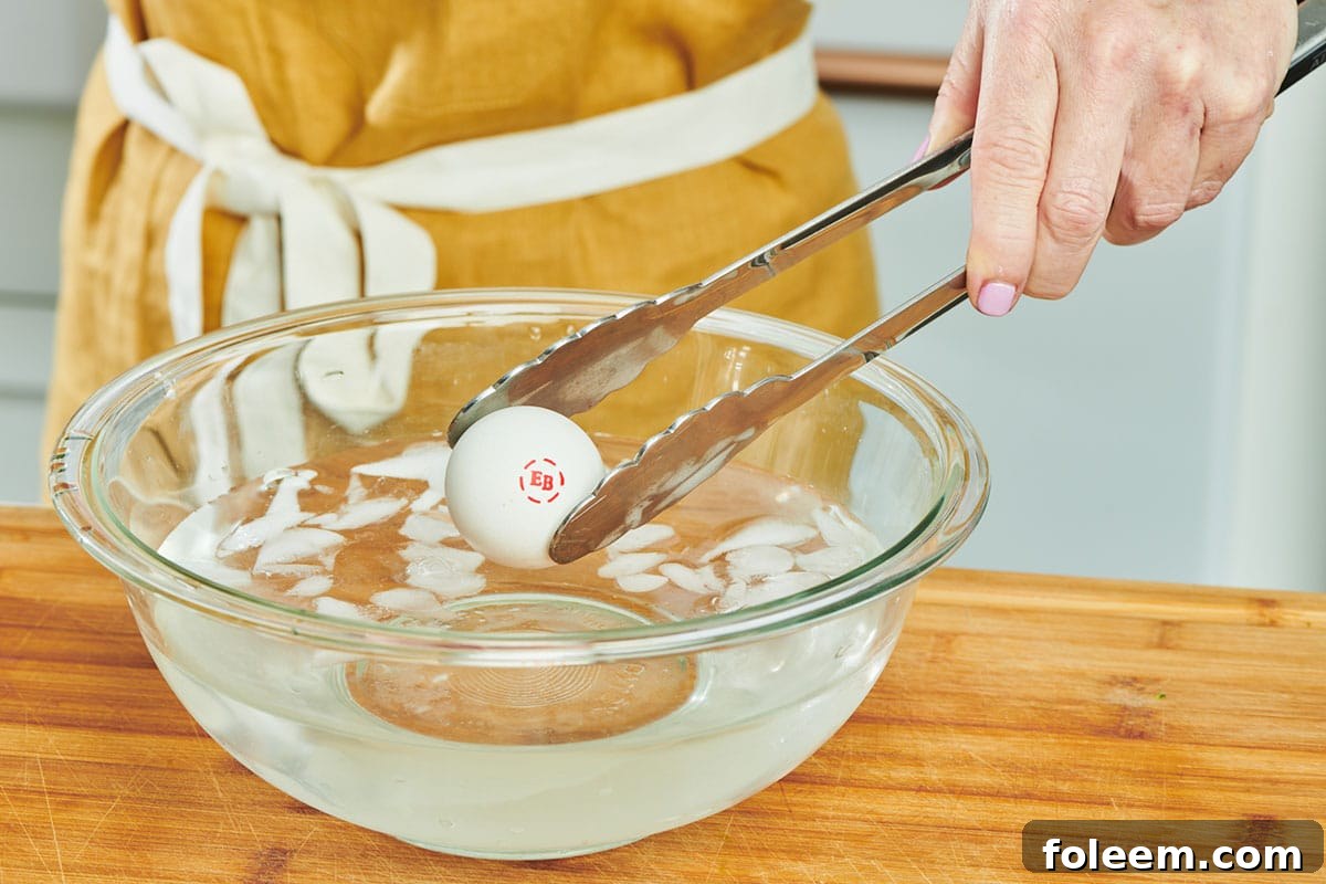 Placing hard-cooked egg in bowl of ice water.