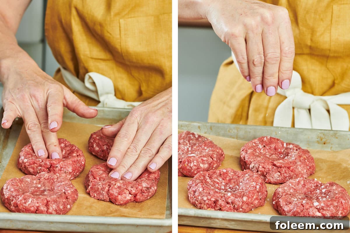 Making depression in hamburger patty and adding salt.