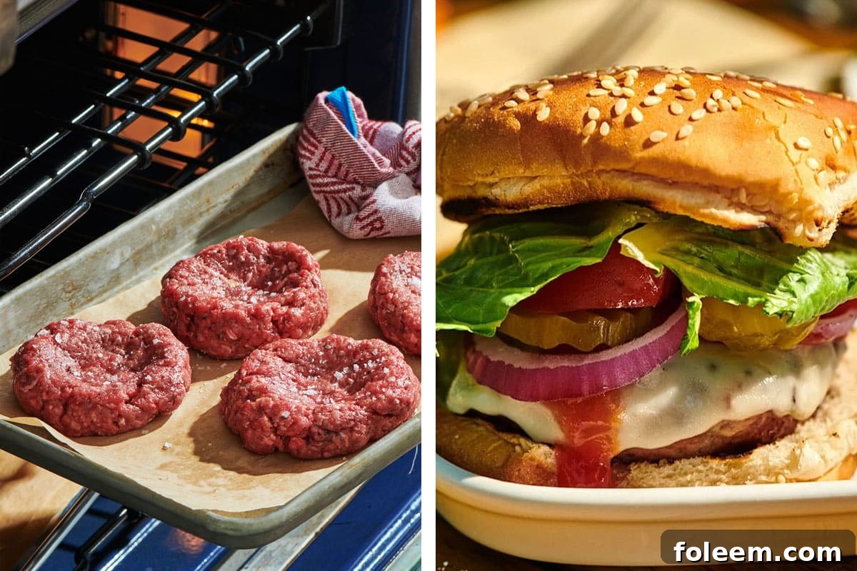 Placing hamburger patties in oven and burger topped with lettuce, tomato, and cheese.