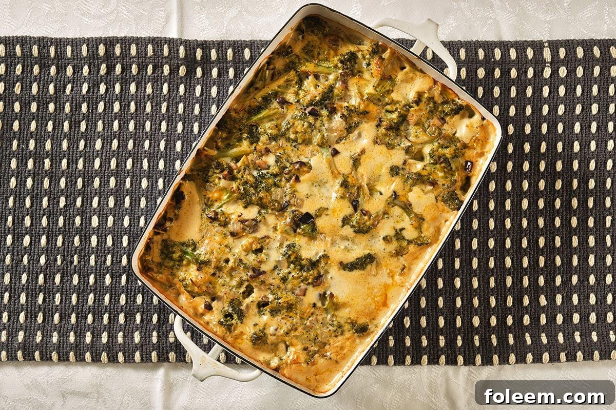 Creamy broccoli casserole in dish.