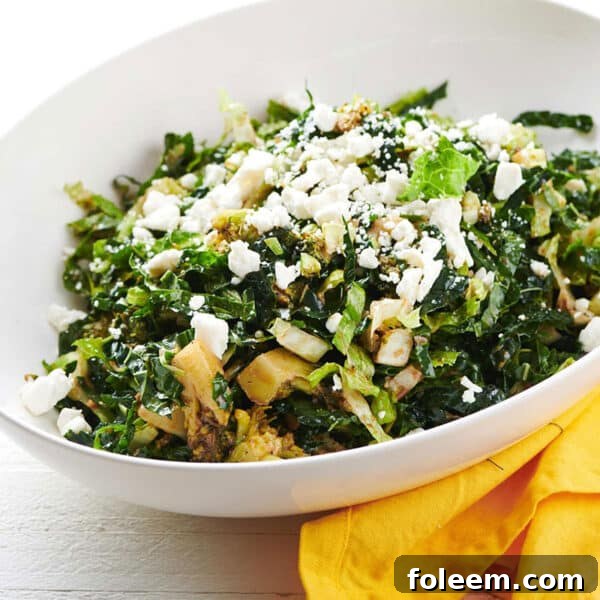 Romaine, Kale and Broccoli Salad in a large white bowl.