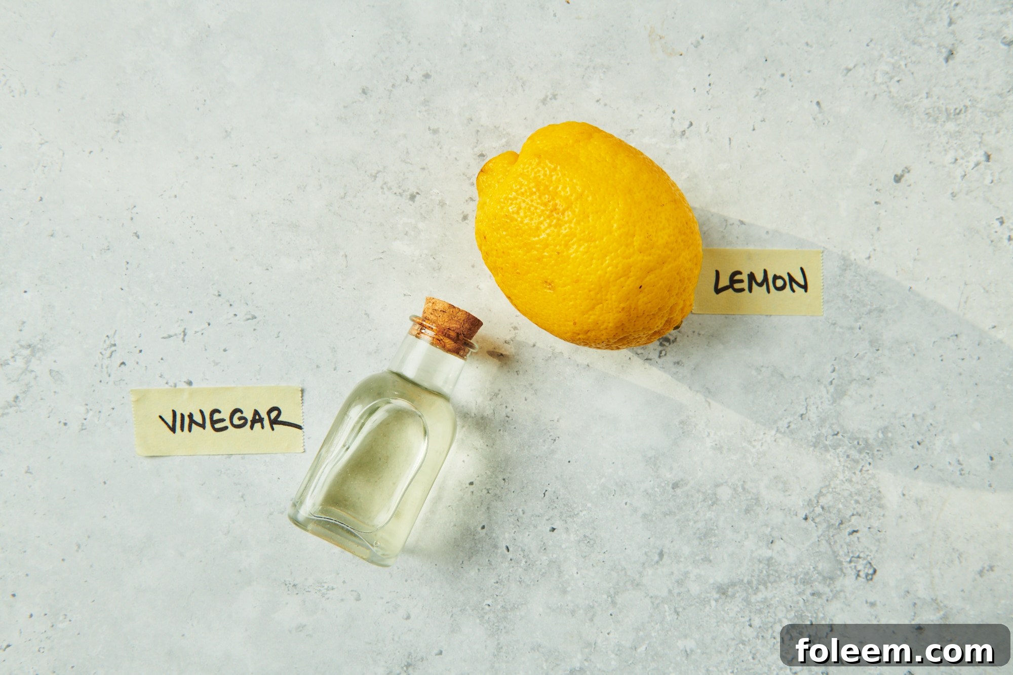 Lemon and bottle of white vinegar on marble table.