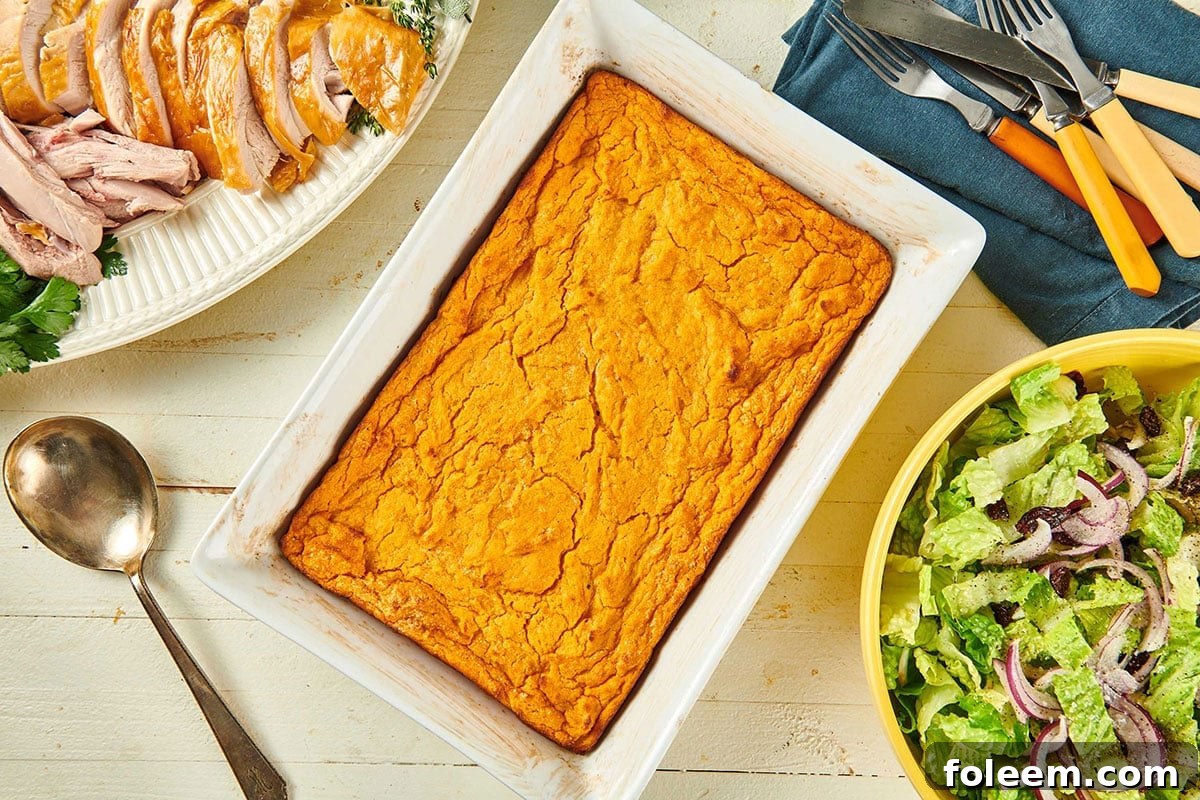 Sweet potato spoon bread in white baking dish on table with other dishes.